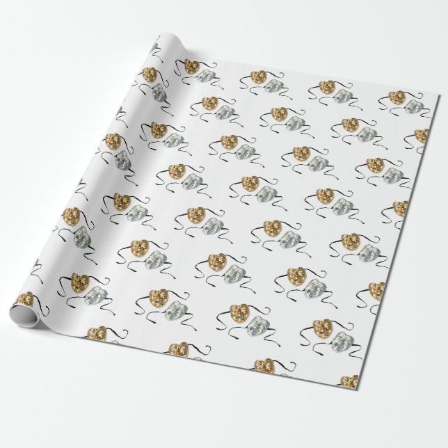 Realistic gold silver tragedy comedy masks wrapping paper (Unrolled)