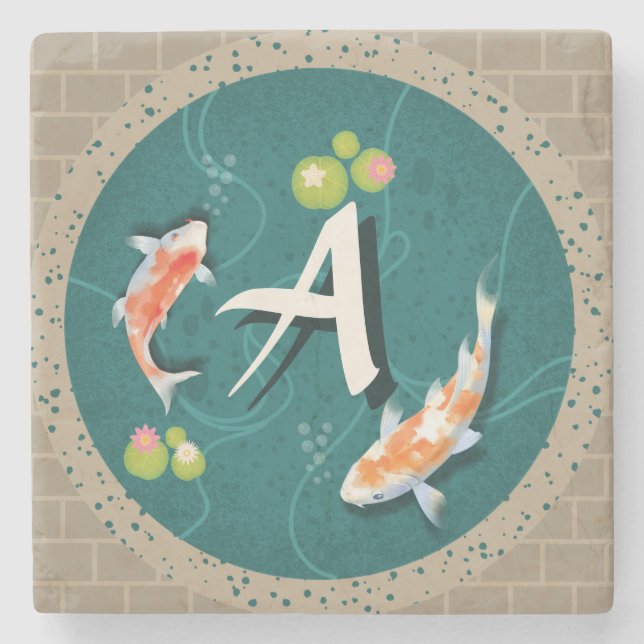 Realistic Green Japanese Koi Fish Pond  Stone Coaster (Front)