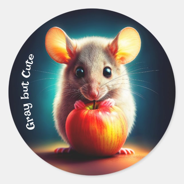 Realistic grey mouse artwork glowing colours classic round sticker (Front)