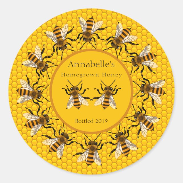 Realistic Honey Bees on Honeycomb  Honey Label (Front)