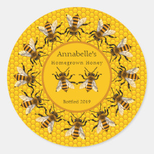 Realistic Honey Bees on Honeycomb  Honey Label