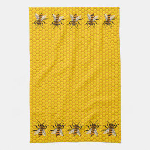 Realistic Honey Bees on Honeycomb Kitchen Towel