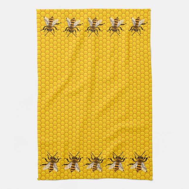 Realistic Honey Bees on Honeycomb Kitchen Towel (Vertical)