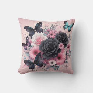 Realistic img of bouquet of flowers w/ butterflies throw pillow