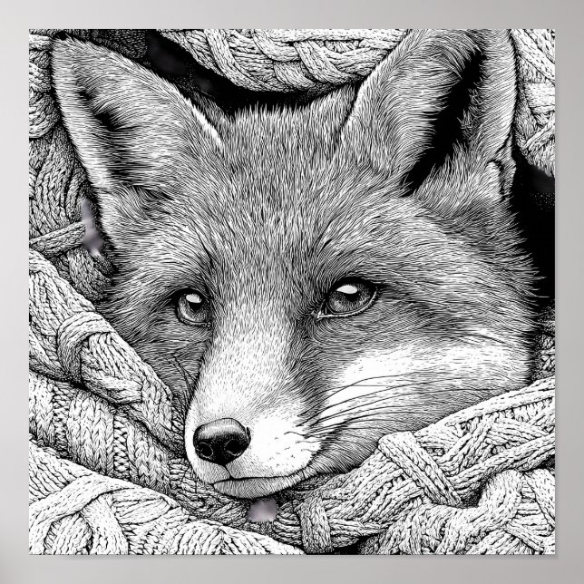 Realistic Knitted Christmas Stocking Fox Coloring  Poster (Front)