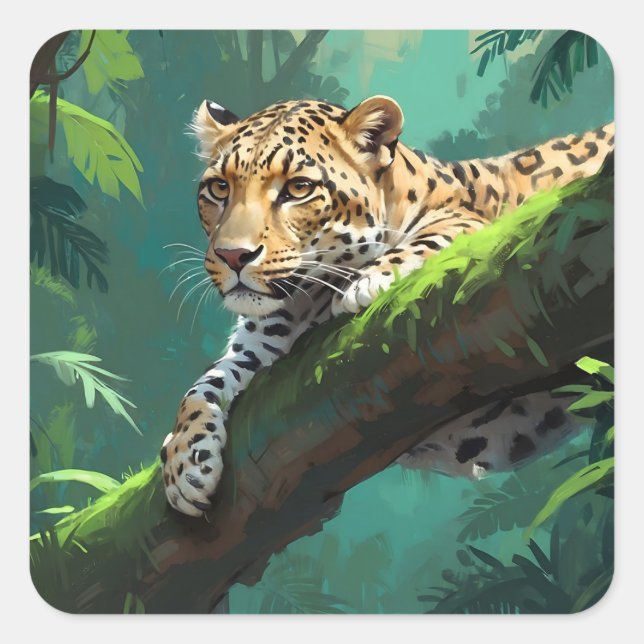 Realistic Leopard in Jungle Animal Art Square Sticker (Front)