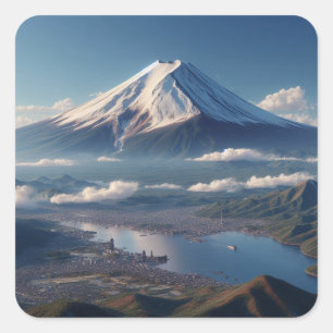Realistic Mount Fuji landscape Japan Travel Square Sticker