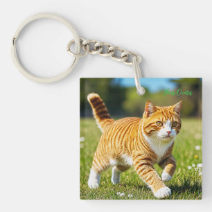 Realistic Orange Tabby Cat in Sunny Meadow Keychain