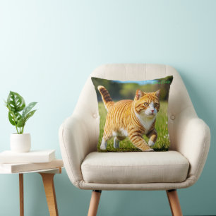 Realistic Orange Tabby Cat in Sunny Meadow Throw Pillow