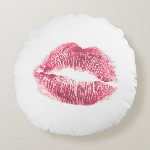 Realistic pink lips, isolated kiss round pillow