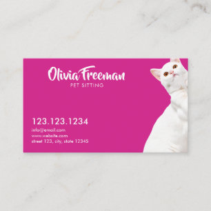 Realistic Pink & White Cat Picture Pet Sitting Business Card