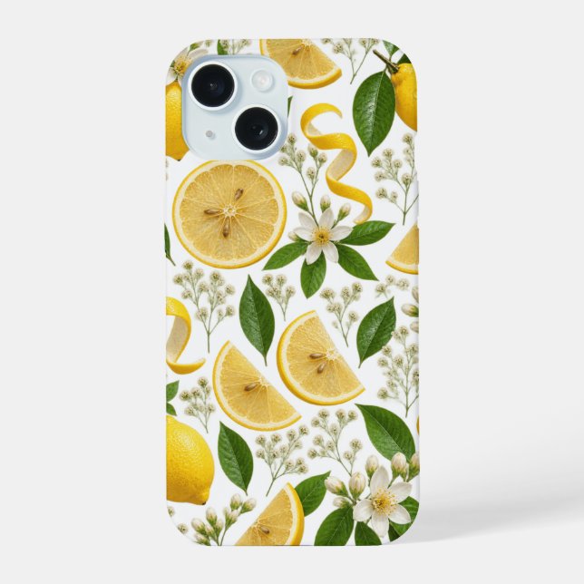 Realistic Pressed Lemon & Botanical Floral Pattern iPhone 15 Case (Back)