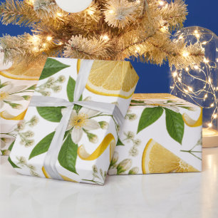 Realistic Pressed Lemon & Botanical Floral Pattern Wrapping Paper