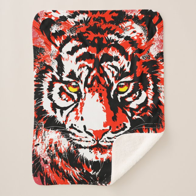 Realistic Red Tiger Head Sherpa Blanket (Front)
