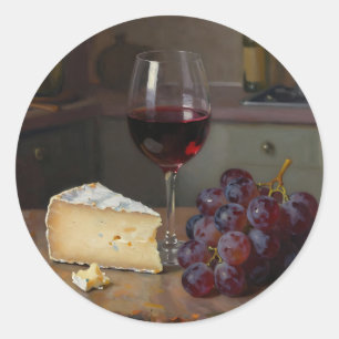 Realistic Red Wine Cheese Grapes Still Life Classic Round Sticker