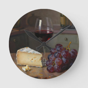 Realistic Red Wine Cheese Grapes Still Life Round Clock