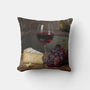 Realistic Red Wine Cheese Grapes Still Life Throw Pillow