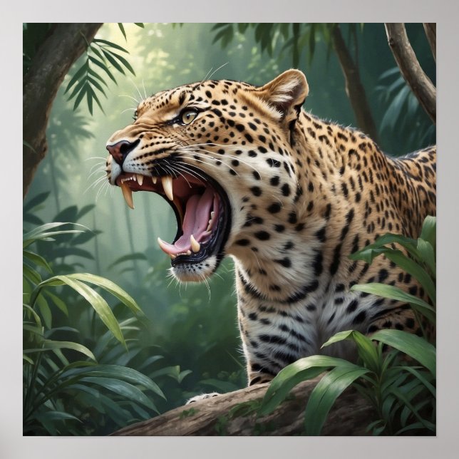 Realistic Roaring Leopard Wildlife Illustration Poster (Front)