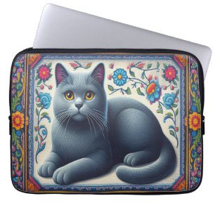 Realistic Russian blue Cat Colourful Floral Border Laptop Sleeve