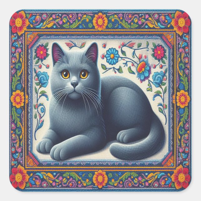 Realistic Russian blue Cat Colourful Floral Border Square Sticker (Front)