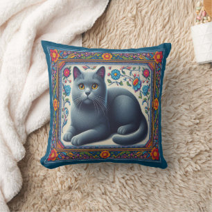 Realistic Russian blue Cat Colourful Floral Border Throw Pillow