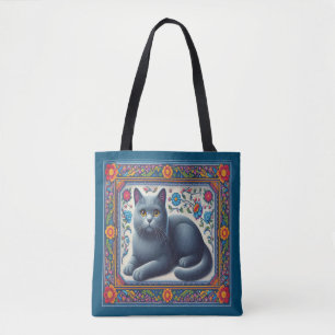 Realistic Russian blue Cat Colourful Floral Border Tote Bag