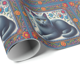 Realistic Russian blue Cat Colourful Floral Border Wrapping Paper