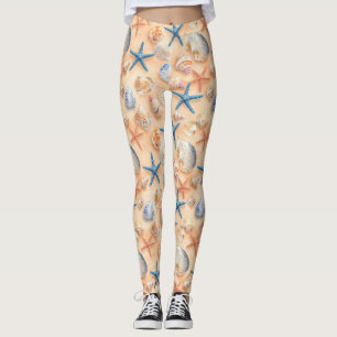 Realistic Seashell Starfish Peach Sand Beach Leggings
