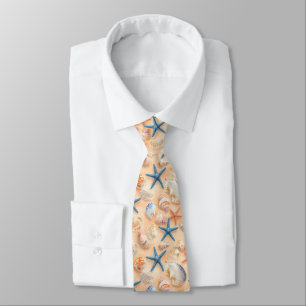 Realistic Seashell Starfish Peach Sand Beach Tie