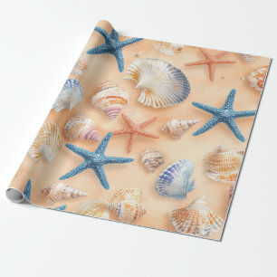 Realistic Seashell Starfish Peach Sand Beach Wrapping Paper
