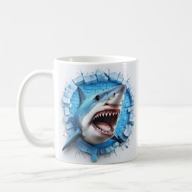 Realistic Shark Head Breaking Through A Blue Brick Coffee Mug (Left)