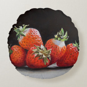 Realistic Strawberries Still Life Oil Painting Round Pillow