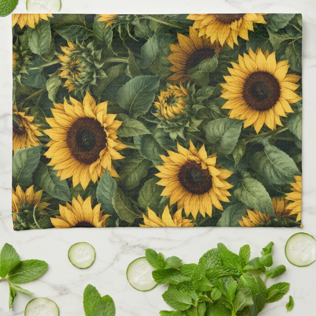 Realistic Sunflower Botanical Art Kitchen Towel (Folded)