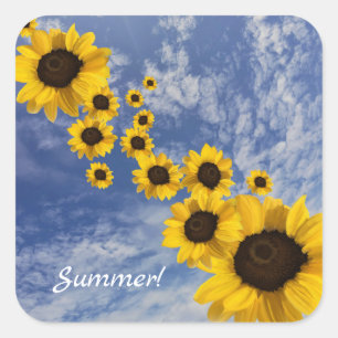 Realistic sunflowers blue sky fluffy clouds square sticker