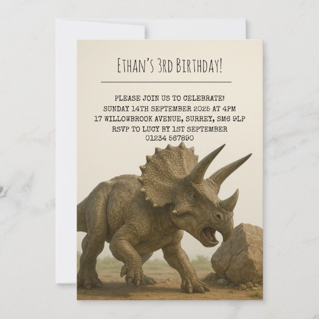 Realistic Triceratops Dinosaur in Rocky Birthday Invitation (Front)