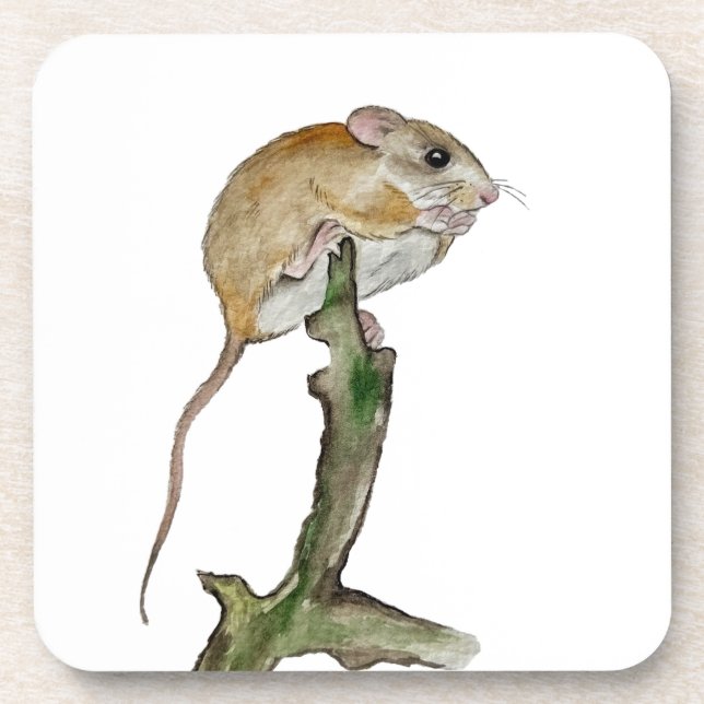 Realistic watercolor mouse in a tree coaster (Front)