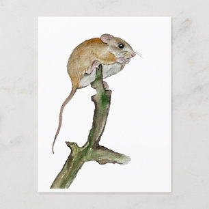 Realistic watercolor mouse in a tree holiday postcard