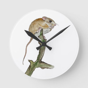 Realistic watercolor mouse in a tree round clock