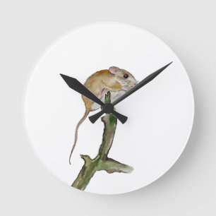 Realistic watercolor mouse in a tree round clock