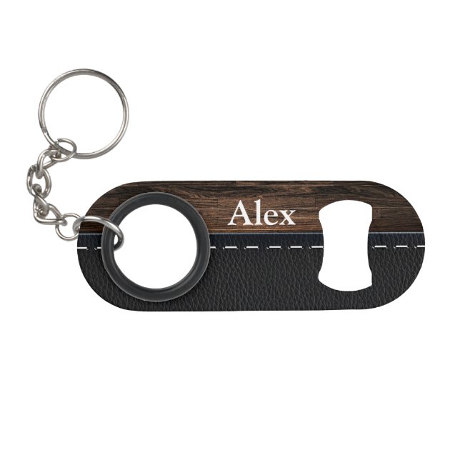 Realistic Wood and Stitched Leather Texture Mini Bottle Opener (Front (Horizontal))