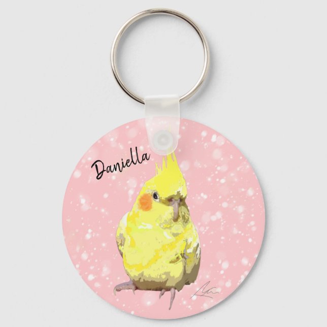 Realistic Yellow Cockatiel Painting Pink Flurries Keychain (Front)