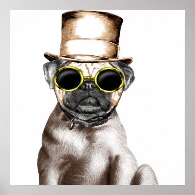 Really Cute Steam Pug With Glasses Poster (Front)