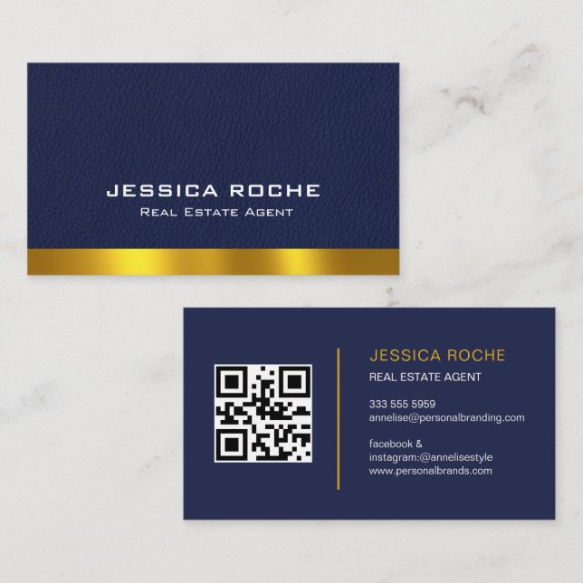 Realtor Blue Real Estate Agent Modern QR Code Business Card (Front/Back)