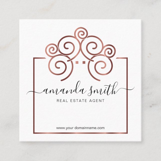 Realtor branding with treehouse in rose gold square business card (Front)