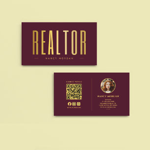 Realtor Burgundy & Gold Photo qr code Business Card