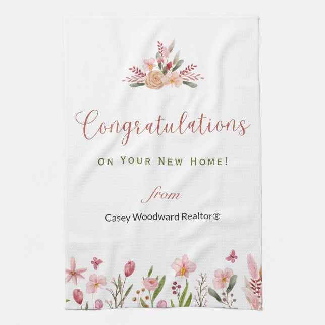 Realtor Congratulations Personalized Flowers Kitchen Towel (Vertical)