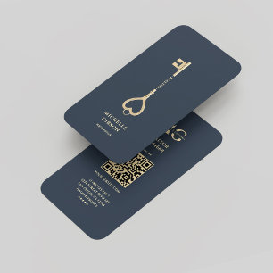 Realtor Dark Blue Gold Key Monogram Modern Business Card