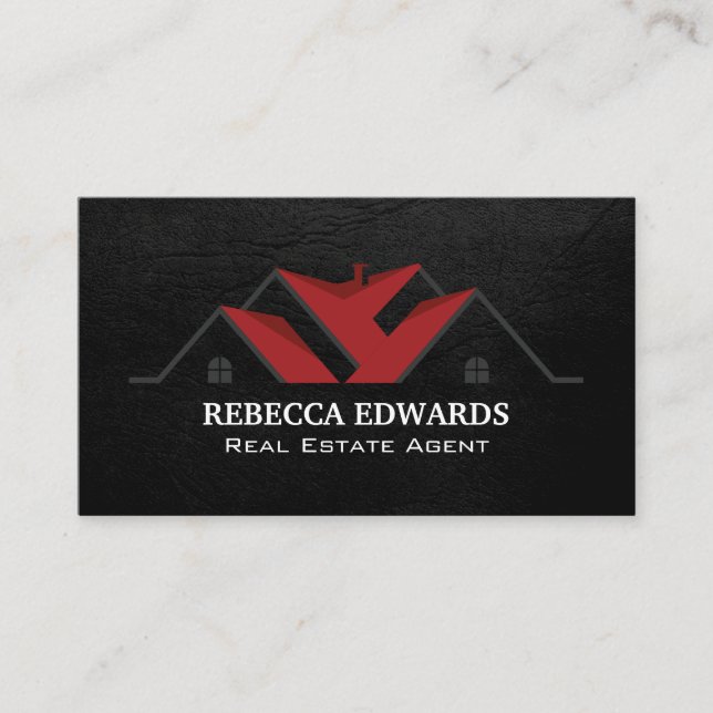 Realtor | House Roof | Black Leather Business Card (Front)