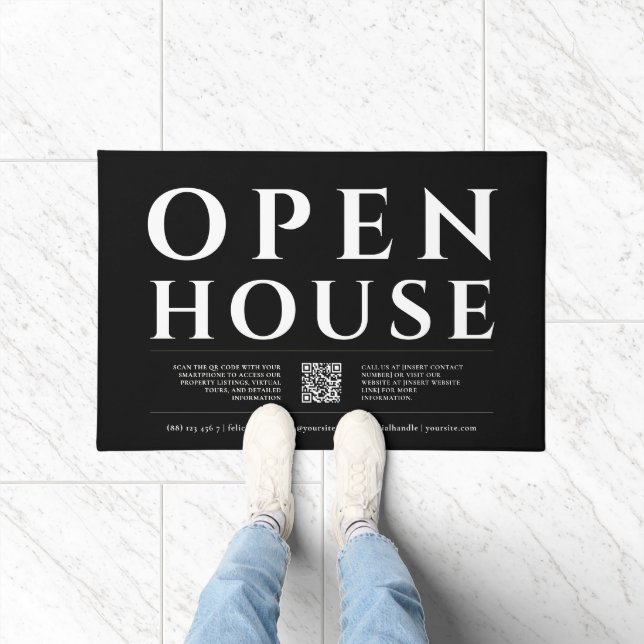 Realtor OPEN HOUSE Real Estate Black Modern QR Doormat (Indoor)