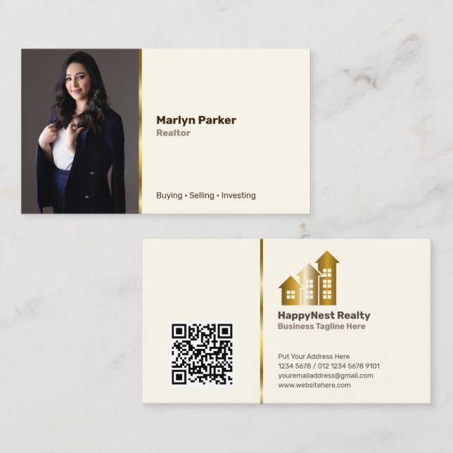 Realtor Personal Photo, QR Code, Logo Broken White Business Card (Front/Back)
